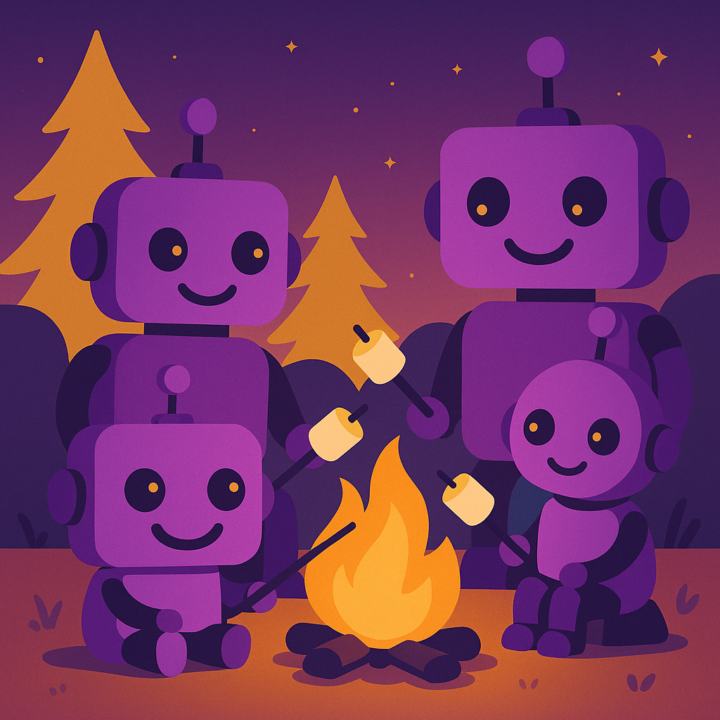Ai Robot family enjoying campfire because they are using ai tools