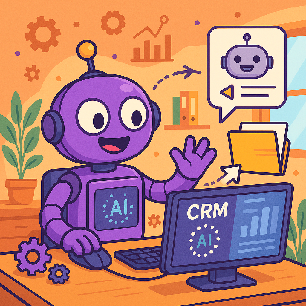 A robot that has used Automation to help his company grow he is talking to a customer using a CRM